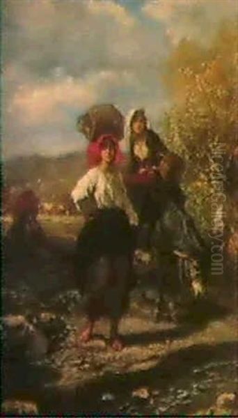 Le Passage Du Ruisseau Par Des Paysans De La Vallee D'ossau (bearn) Oil Painting by Camille Joseph Etienne Roqueplan