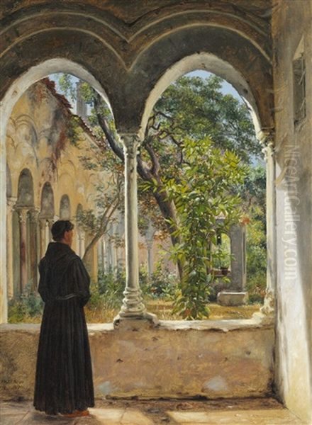 A Cloister In Palermo With A Franciscan Monk Oil Painting by Martinus Christian Wesseltoft Rorbye