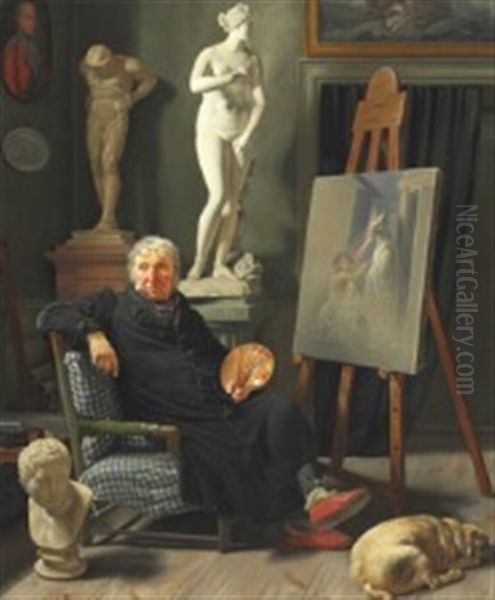 Portraitfigur Af Hr. Professor Lorentzen I Hans Attelier Oil Painting by Martinus Christian Wesseltoft Rorbye