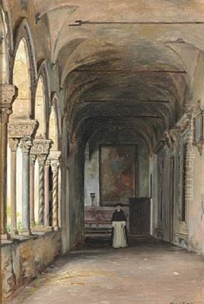 A Dominican Friar In A Colonnade In A Monastery Oil Painting by Martinus Christian Wesseltoft Rorbye