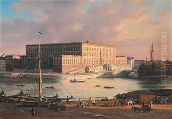 View Of Stockholm With The Royal Castle Seen From Skeppsholmen, In The Foreground People Working Oil Painting by Martinus Christian Wesseltoft Rorbye