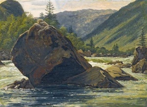 An Erratic Rock In The Rapids Oil Painting by Martinus Christian Wesseltoft Rorbye