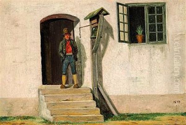 Farmer On A Staircase Oil Painting by Martinus Christian Wesseltoft Rorbye