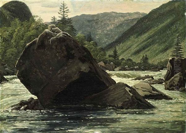 A Jutting Rock In The Rapids (fos Med Fremragende Klippestykke) Oil Painting by Martinus Christian Wesseltoft Rorbye