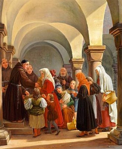 Alms. Monks Distributing Food To The Poor In An Italian Cloister by Martinus Christian Wesseltoft Rorbye