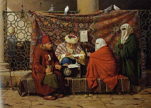 A Turkish Notary Drawing Up A Marriage Contract In Front Of The Kilic Ali Pasha Mosque, Tophane, Constantinople Oil Painting by Martinus Christian Wesseltoft Rorbye