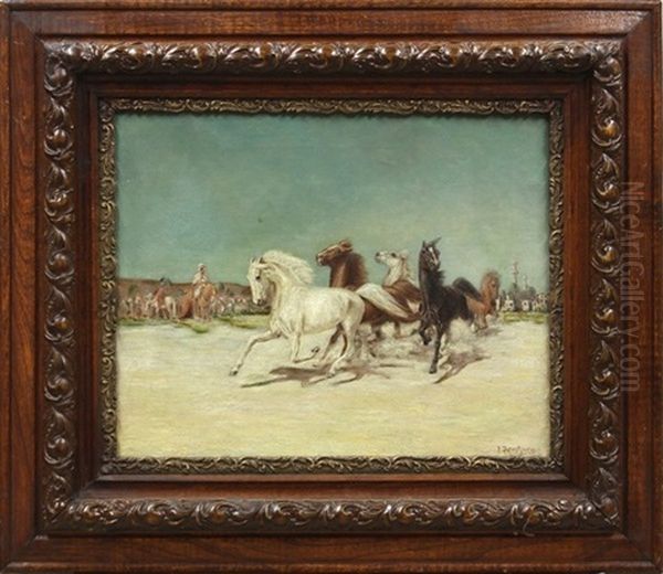 Arabian Scene With Running Heroes Oil Painting by Julius Rorphuro