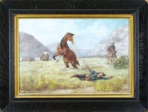 Man Falling From Horse Oil Painting by Julius Rorphuro