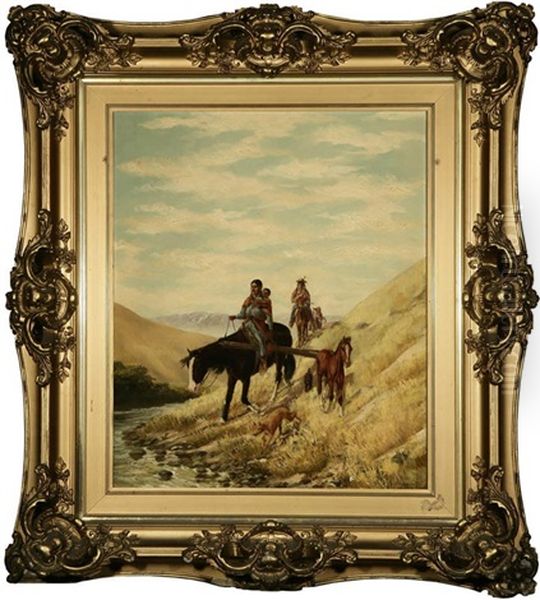 Indians On Horseback Nearing A River Oil Painting by Julius Rorphuro