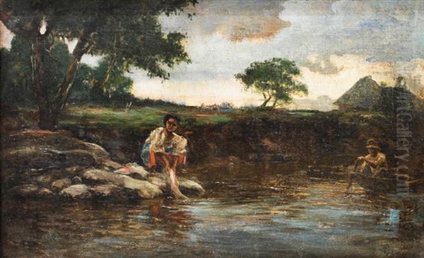 Washing By The River Oil Painting by Fabian De La Rosa