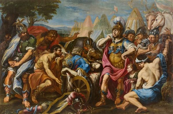 Alexander The Great Mourns The Death Of Darius Iii. (330 Bc, At Hekatompylos) Oil Painting by Francesco Rosa