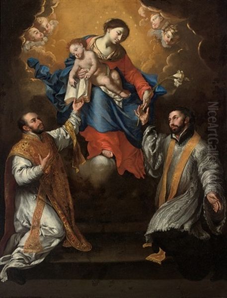 The Madonna And Child In Glory With Saints Ignatius Of Loyola And Xavier Oil Painting by Francesco de Rosa