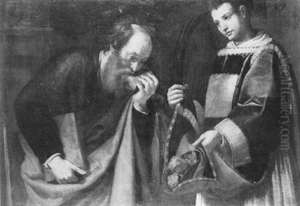 St. Stephen Offering The Rocks Of His Martyrdom To St. Paul Oil Painting by Francesco de Rosa