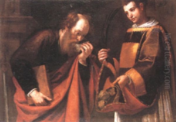 St. Stephen Offering The Rocks Of His Martyrdom To St. Paul Oil Painting by Francesco de Rosa