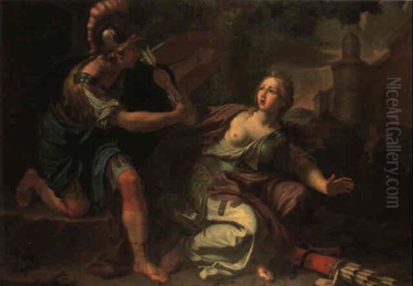 A Warrior Staying The Hand Of A Maiden Who Raises An Arrow To Her Breast Oil Painting by Francesco de Rosa