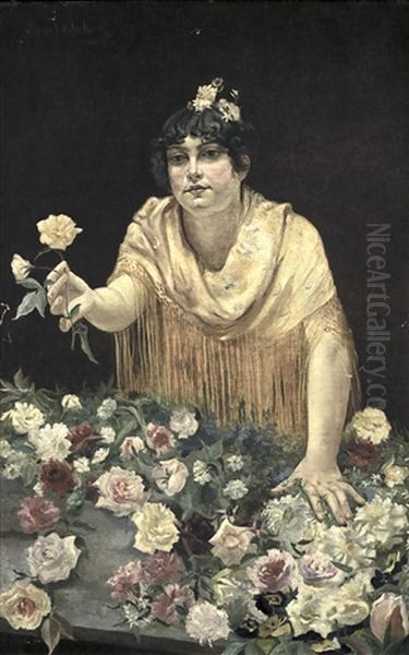 Muchacha Con Flores Oil Painting by Manuel De La Rosa