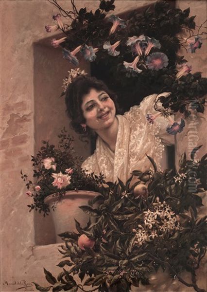 Muchacha Joven Con Flores En La Ventana Oil Painting by Manuel De La Rosa