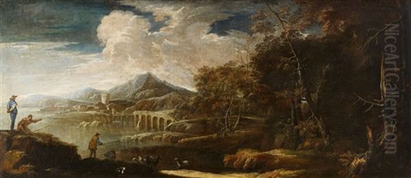 Southern Landscape With Fishermen Oil Painting by Salvator Rosa