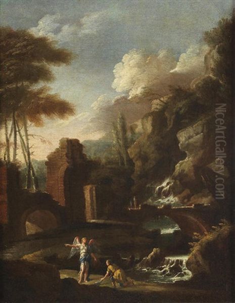 A River Landscape With Tobias And The Angel; And A River Landscape With Jacob Wrestling The Angel (2) Oil Painting by Salvator Rosa