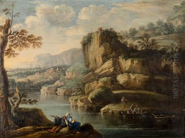 Pecheurs Relevant Leurs Filets Dans Un Paysage Rocheux Oil Painting by Salvator Rosa