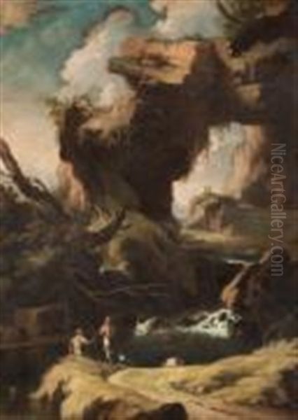 Paysage De Cascade Aux Pecheurs by Salvator Rosa