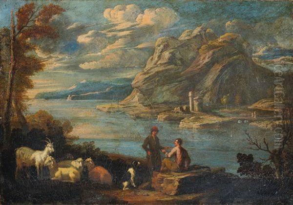 A River Landscape With Drovers Resting With Their Herd Oil Painting by Salvator Rosa