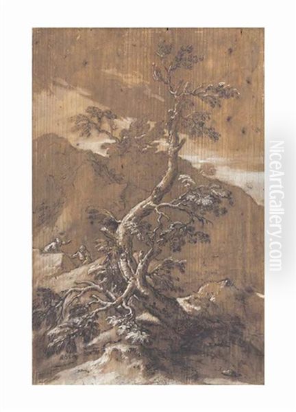 A Rocky Landscape With A Tree And Two Figures Oil Painting by Salvator Rosa