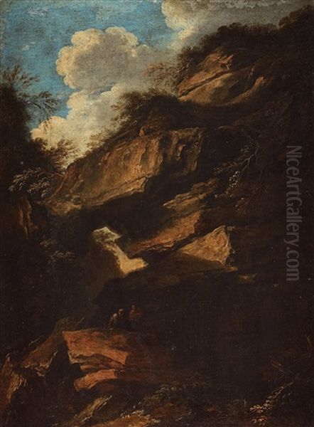 Rocky Landscape With Two Figures Oil Painting by Salvator Rosa