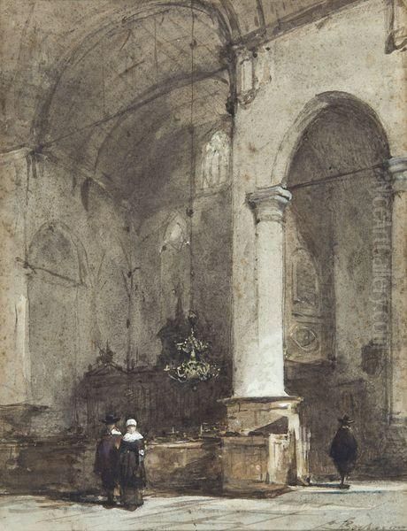 Interier D'eglise Avec Trois Personnages Oil Painting by Johannes Bosboom