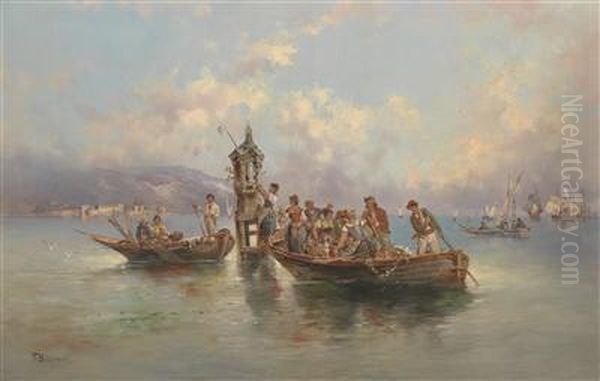 Group Celebrating In Fishing Boats Oil Painting by F. Boscari