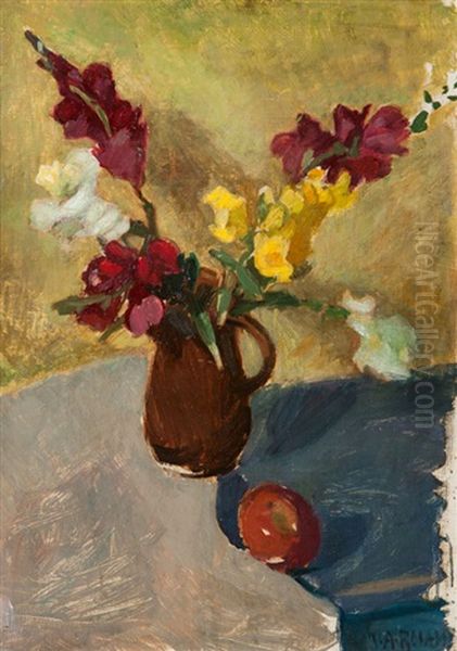 Still Life With Vase Of Flowers And Apple Oil Painting by Walter Alfred Rosam