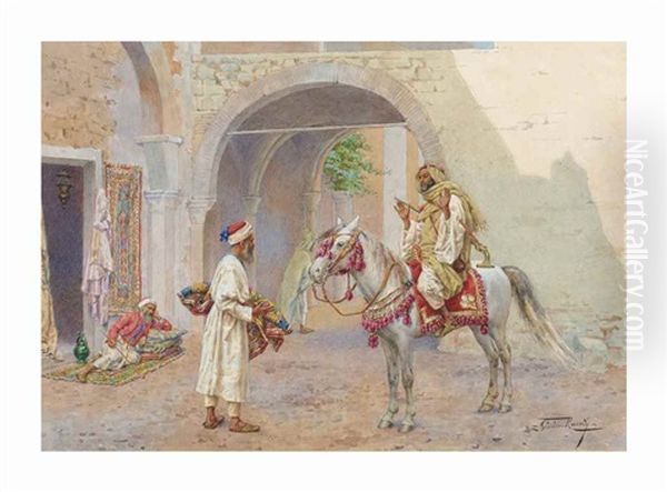 Arab Horseman Conversing With A Carpet Merchant Oil Painting by Giulio Rosati