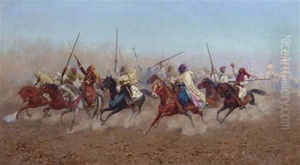 Charging Horsemen Outside The Northern Cemetery, Cairo Oil Painting by Giulio Rosati