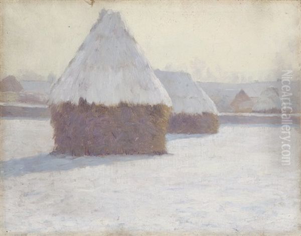 Winter Haystacks At Crecy-en-brie, France Oil Painting by Guy Rose