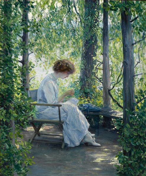 Woman Sewing Oil Painting by Guy Rose