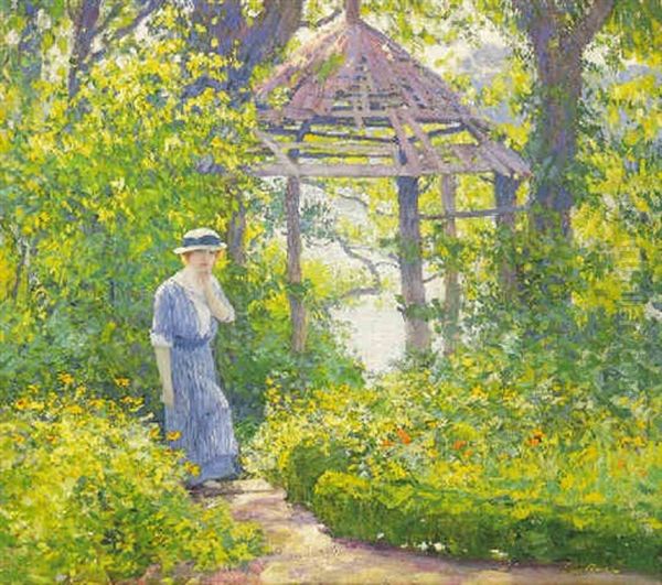 Girl In A Wickford Garden, New England Oil Painting by Guy Rose