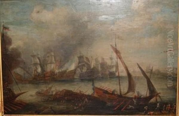 Combat Maritime Oil Painting by Jean Baptiste de la Rose