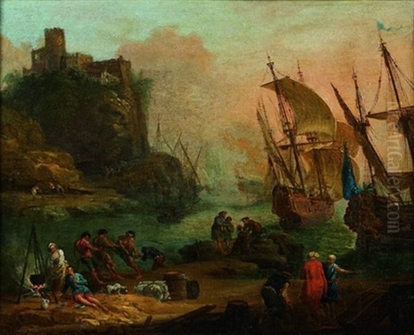 Navires Devant Un Rivage Cotier Anime De Pecheurs Oil Painting by Jean Baptiste de la Rose