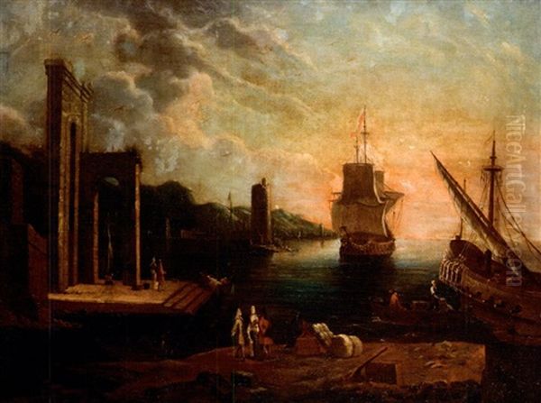 Scene De Port Mediterraneen Oil Painting by Jean Baptiste de la Rose