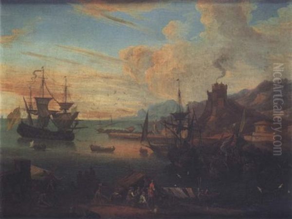 Scene De Port Mediterraneen Anime De Marchands Oil Painting by Jean Baptiste de la Rose