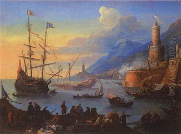 Navires Dans Un Port Mediterraneen Anime De Marchands Et De Pecheurs Oil Painting by Jean Baptiste de la Rose