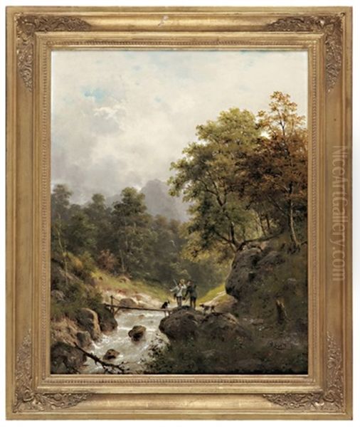 Begegnung Zweier Jager Am Gebirgsbach Oil Painting by Julius Karl Rose