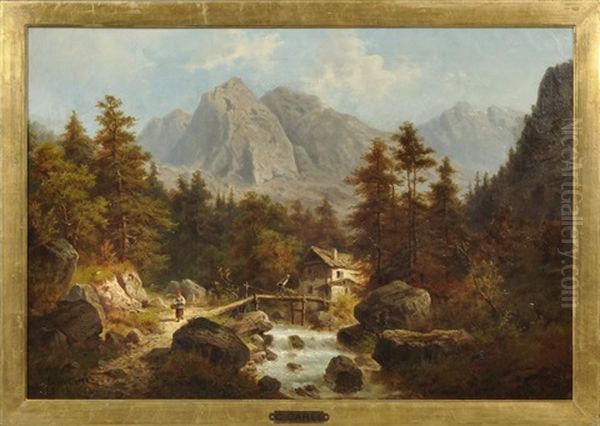 Alpenlandschaft Mit Wildbach Vor Felsmassiv. Ein Bauer Schiebt Eine Schubkarre Uber Eine Holzbrucke Oil Painting by Julius Karl Rose