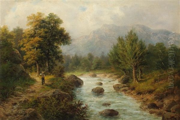 Holzsammler An Einem Fluss Im Gebirge Oil Painting by Julius Karl Rose