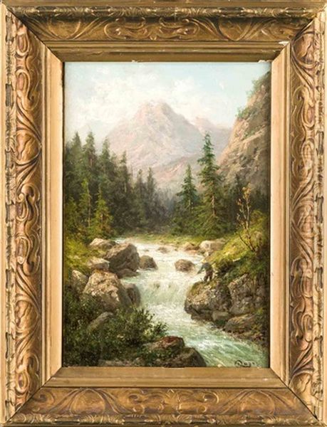 Angler Am Wildbach In Alpiner Landschaft Oil Painting by Julius Karl Rose