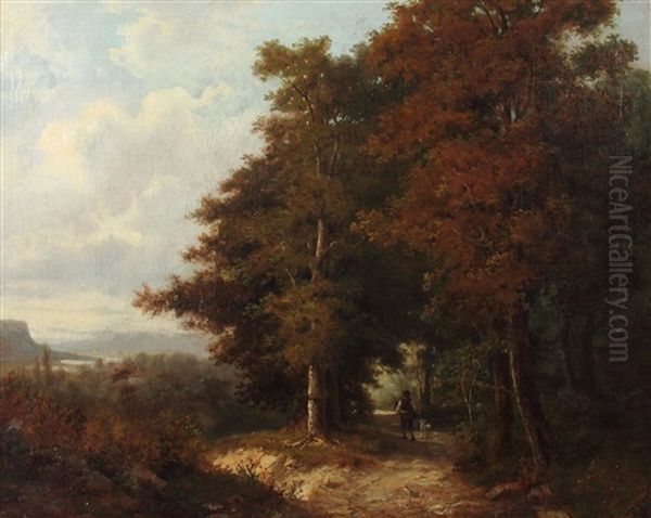 Waldlandschaft Mit Holzsammler Und Hund Oil Painting by Julius Karl Rose