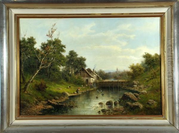 Wassermuhle Mit Wascherin Am Flussufer Oil Painting by Julius Karl Rose