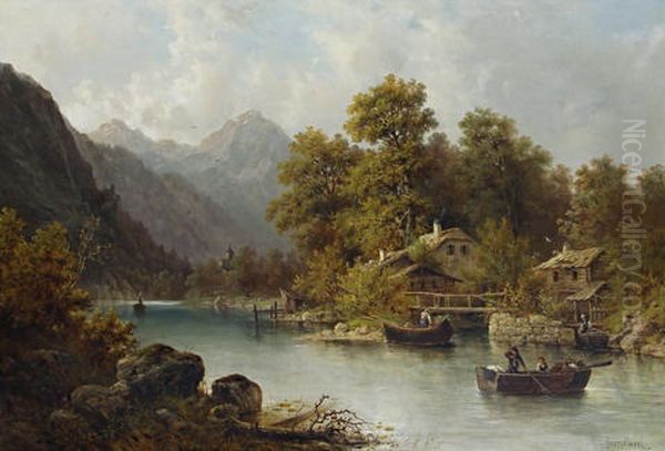 An Alpine River Scene Oil Painting by Julius Karl Rose