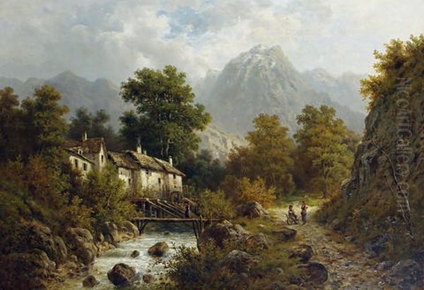 A Watermill At The Foot Of The Austrian Mountains Oil Painting by Julius Karl Rose