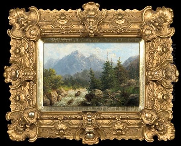 Mountain Landscape With Rushing Torrents Oil Painting by Julius Karl Rose